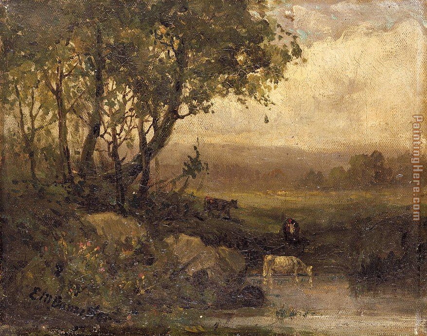 landscape, riverbank, three cows painting - Edward Mitchell Bannister landscape, riverbank, three cows art painting
